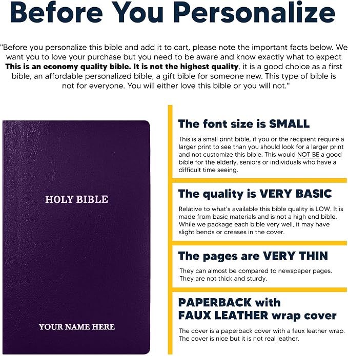 Personalized KJV Bible King James Version Faux Leather Holy Bible SMALL PRINT Economy Bible with Custom Name Up To 3 Rows Of Text, Highlighted Verses, Custom Gift for Christian Celebrations (Purple)