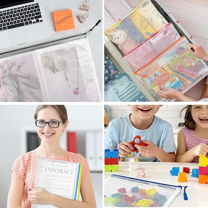 16pcs Mesh Zipper Pouch Bags, A4 Size Plastic Puzzle Storage Bag, 8 Colors Waterproof Zipper Pouches for Organization, Multipurpose for Home, Travel, School Supplies and Office Appliances