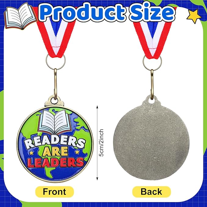 Cunno 20 Pcs Readers are Leaders Medals Bulk 2'' Reading Award Medals with Neck Ribbon Trophy Prizes Winner Gift for School Classroom Students Teaching Competitions Supplies