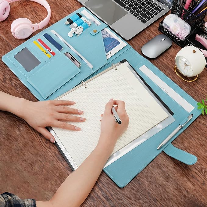 Wonderpool A4 PU Leather Portfolio Holder Ring File Document Case with Removable Binder Clipboard, Multi Pocket and Legal Pad for Business Organizer Interview and Meeting (Light Blue)