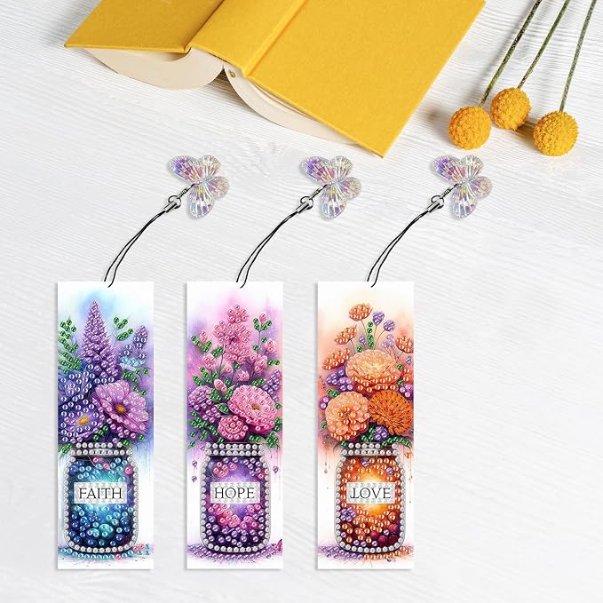 ARTopet 3Pcs DIY Diamond Art Painting Bookmarks with Colorful Butterfly Pendant PET Bookmark Ornament Double Sided Pattern Single Sided Diamond Book Marker Clip Gifts Tags-Bouquet