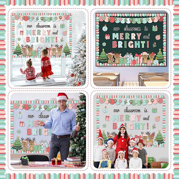 Christmas Bulletin Board Set Our Classroom is Merry and Bright Decor Boho Candy Banner Gift Boxes Xmas Trees Deer Cutouts for School Office Door Wall Decor Holiday Display