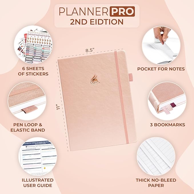 Clever Fox Planner PRO 2nd Edition – Undated Weekly Agenda Planner for Setting Goals, Tasks & Time Management – Life Organizer with To-do Lists & Habit Trackers – Large Format, 8.5x11″ (Rose Gold)