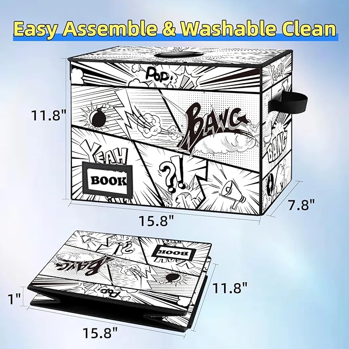 10 Pack Comic Book Storage Box, 15.8" X 7.8" X 11.8", Heavy Duty Collapsible Holds 160-180 Comic Book Bin Container Holder Shelf (Cartoon Bombs)