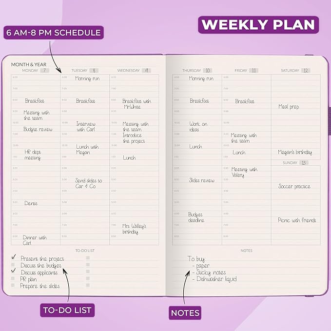 Skyline Hourly Weekly Planner – Undated Agenda & Daily Appointment Book – Time Blocking Notebook for Business Entrepreneurs, A5 (Lavender)