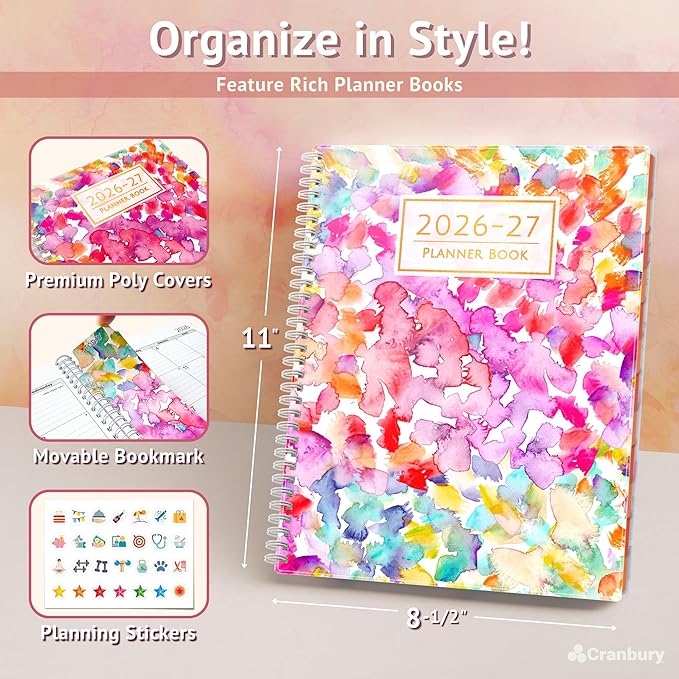 CRANBURY 2026-2027 Academic Large Planner 8.5 x 11, July 2026 to June 2027, Watercolor Theme, Planning Book, Monthly Tabs, Movable Bookmark, Stickers