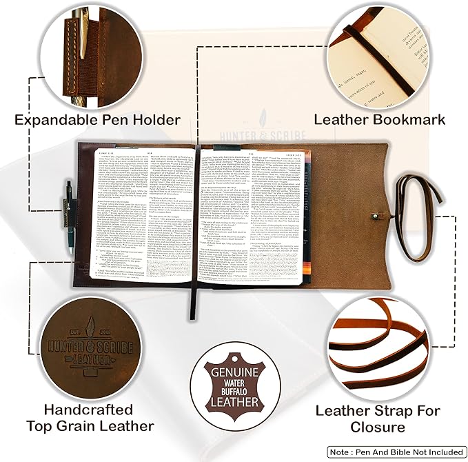 Hunter & Scribe Leather Book or Bible Cover for Men and Women - Handcrafted Genuine Top Grain Buffalo Leather - Extra Large Leather Bible Cover - XL Book Cover