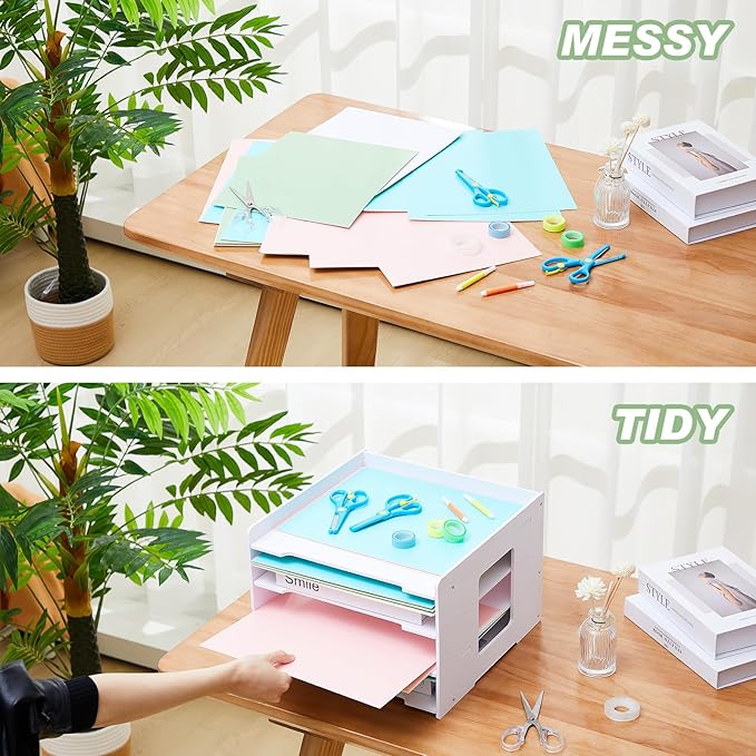 Juexica 2 Pack 4 Tier Scrapbook Paper Organizer 12.6 x 12.6 Inches File Organizer for Desk Stackable Paper Trays Holder Home Office Decorations