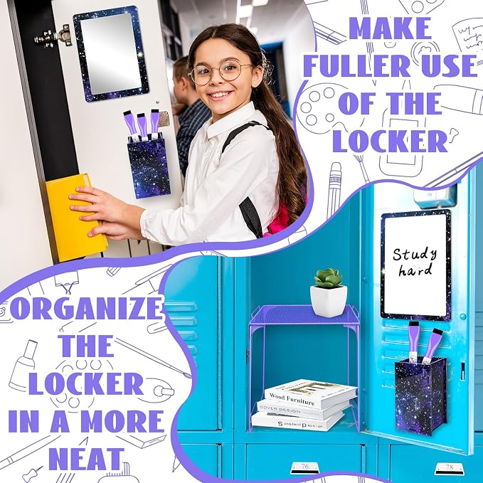 Demonwer 9 Pcs Locker Accessories Kit Purple Starry Sky Locker Organizer Magnetic Whiteboard Mirror Pen Holder Pen for Storage Organizing Shelf Back to School Party Supply