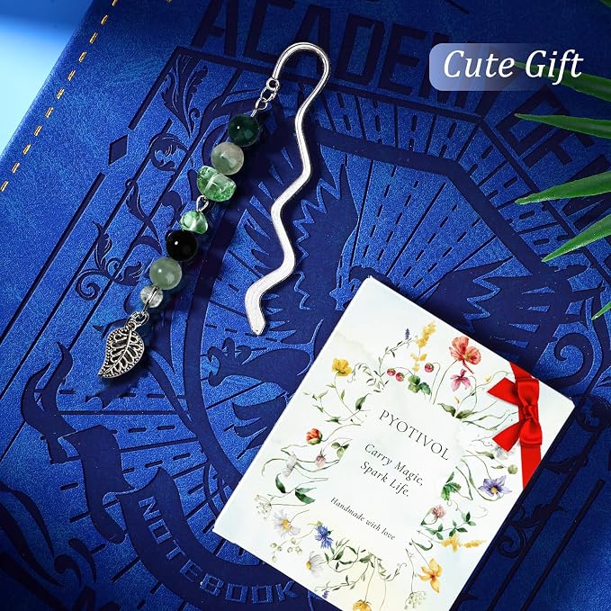 Vintage Metal Leaf Bookmark Pendant with Natural Crystal Bead Chain–Elegant Bookmarks for Women,Men,Book Lovers,Teachers and Students(Green Jade)