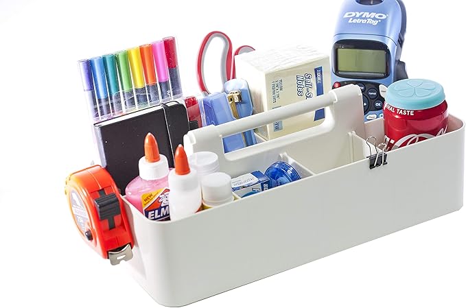Portable Caddy Organizer -2 Stackable Plastic Caddy with Handle | Desk, Makeup, Dorm Caddy, Classroom Art Organizers (Made In Usa) (Ivory/Mint)