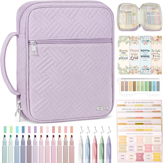 XKDOUS Bible Cover Case for Women, Large Bible Cover with Durable Handle, Washable Quilted Bible Case, Bible Study Supplies & Christian Gifts for Mom, Women, Men (Light Purple)