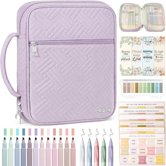 XKDOUS Bible Cover Case for Women, Large Bible Cover with Durable Handle, Washable Quilted Bible Case, Bible Study Supplies & Christian Gifts for Mom, Women, Men (Light Purple)