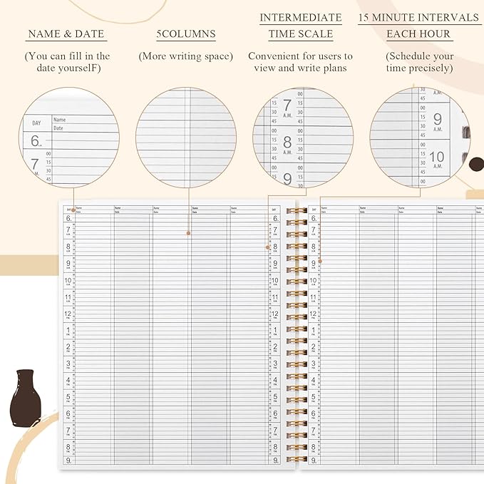 Maitys 2026-2027 5 Column Salon Appointment Book for Hairstylist Spa Business, Hourly Planner 15 Minute Interval, 200 Pages Undated 6 Am 9 Pm Spiral Bound Checklist Planner(Beige, Minimalist)