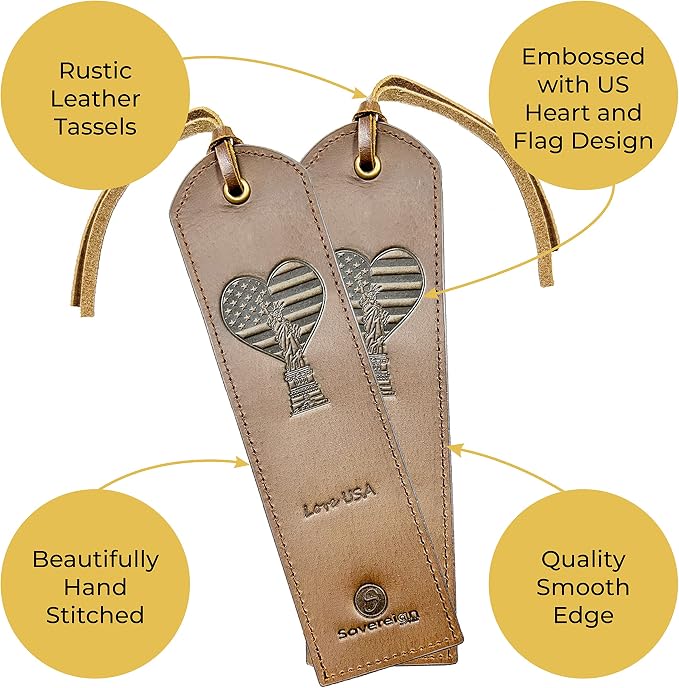 Sovereign-Gear Premium Leather Bookmark | Elegant Smart Bookmark for Men and Women | 2 Perfect Leather Bookmarks with USA Flag Heart for Readers, Writers, and Book Lovers (7x2) Leather Gift