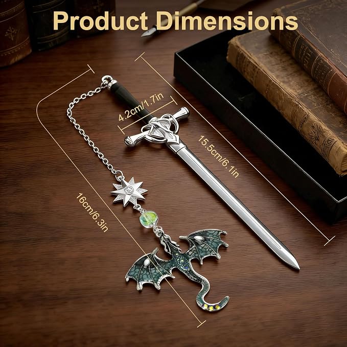 Fourth Wing Dragon Bookmarks,Fantasy Sword Bookmark,Metal Book Markers with Dragon Pendant, Cool Gifts for Men Boys Readers, Perfect Birthday Graduation Presents for Book Lovers (Green&Purple)