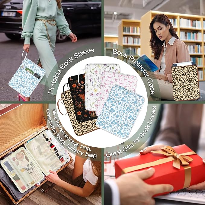 Leopard Book Sleeves with Zipper, Travel Book Protector Pouch for Paperbacks & Hardcover & Bible Books, Book Covers Bags with Pockets & Handle Strap, Book Carry Case for Book Lovers Mother's Day Gifts