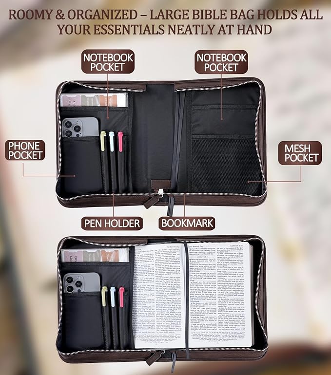 Vegan Leather Bible Cover Case, Bible Bag with Phone Pocket, Bible Case for Men Women, Christian Gift Box Packaging (Brown)