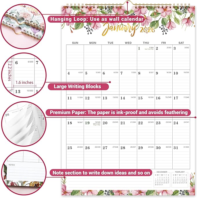 2026 Wall Calendar - Calendar 2026 Wall, Jan 2026 - DEC 2026, 12" x 17", Large Blocks, Hanging 2026 Wall Calendar 12 Months, Floral Calendar for Living Room