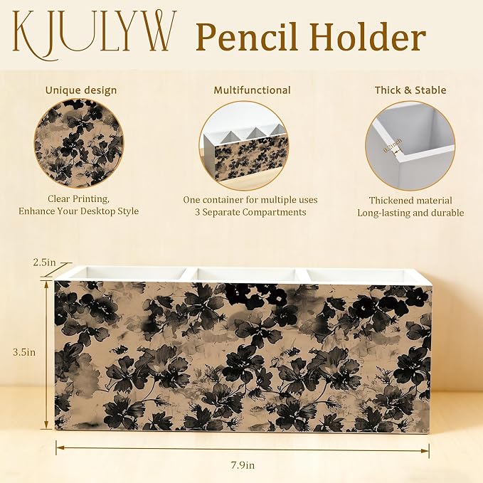 Vintage Black Floral Pen Holder for Desk, Retro Neutral Botanical Ink Flower Wooden Box Pencil Pen Holder Organizer for Home Office Desk Accessories