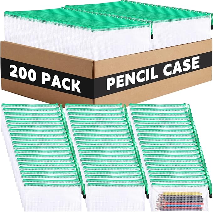 Zhehao 200 Pieces A6 Mesh Zipper Pouch Bulk Mesh Bags with Zipper Waterproof Small Pencil Pouches for School Office Supplies Organization 9.4 x 4.5 Inches (Green Colors)