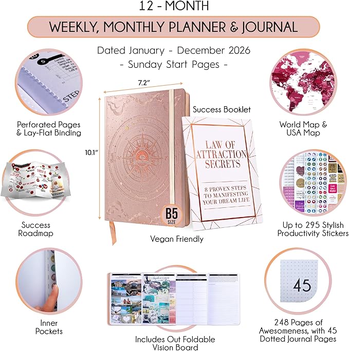 Deluxe 2026 Planner Weekly and Monthly | Law of Attraction Planner with Productivity App | 12-Month for Productivity, Gratitude & Goal Setting | Includes Foldable Vision Board, Gift Box & Stickers