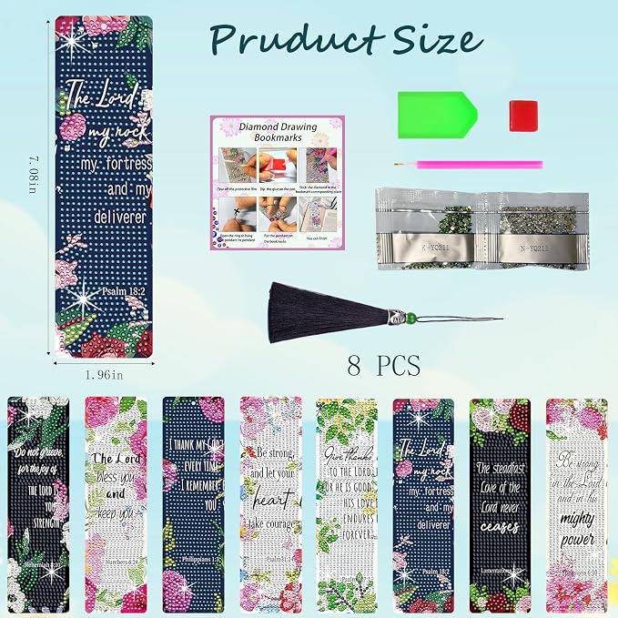 8PCS Diamond Painting Art Bookmarks,Cute Acrylic Bookmarks Crafts Kits Gifts with Pendants for Adult Women Book Lovers (Bible)