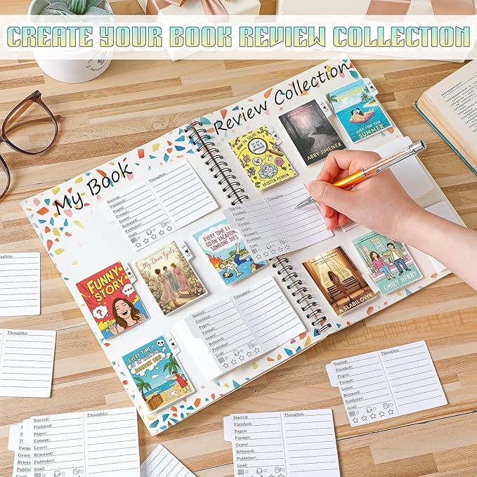 Glenmal 120 Pcs Mini Book Review Bookmarks Reading Journal File Log Page with 2 Pcs Double Sided Correction Tape Reading List Bookmark for Book Lovers Bookish Bookworms Student Gift (White)
