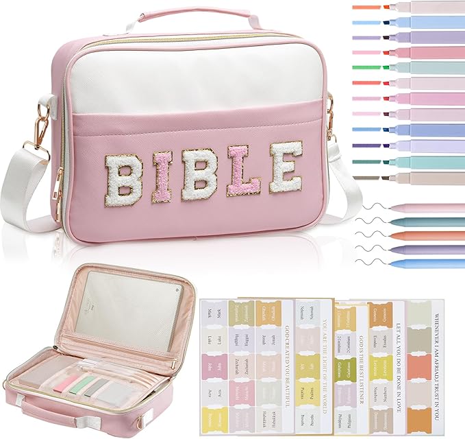 KOPKOFT Bible Cover Case for Women, Large Chenille Letter Leather Bible Case with Bible Study Accessories, Bible Study Supplies Bible Journaling Kit, Christmas Christian Gift for Women Girls (Pink)