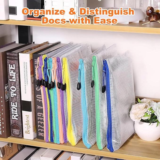Mesh Zipper Pouch Bags: Clear Zipper Pouches for Classroom, Plastic Mesh Bag Letter Size Document Pouch, A4 Waterproof Organizing Pouch for School and Office Supplies (13.5 x 9.5Inch, 6PCS, 6 Color)
