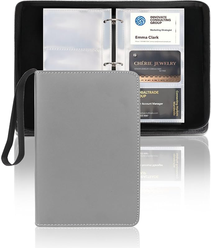 Leather Business Card Book Holder Organizer, Professional Name Card Book Holder with 300 Card Capacity, Portable PU Credit Card Binder File Sleeve Storage for Men Women,50 Pack Sleeves Zipper Closure