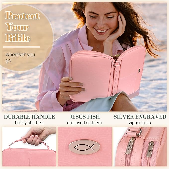 Christian Art Gifts Inspirational Vegan Leather Two-fold Organizer Bible Cover for Women, Jesus Fish Badge, Sturdy Carry Handle, Pen Loops, Pockets, Pen/Highlighter Combo & Notepad, Pink, XL