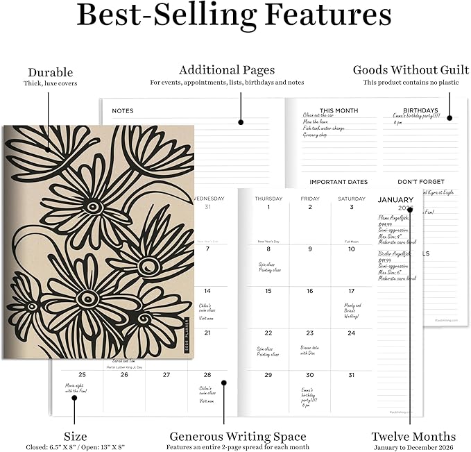 TF Publishing 2026 Drawn Daisies Medium Monthly Planner - 2 Page Spreads with Extra Large Calendar Grids and Planning Prompts - 12 Month Planner for School and Work - 6.5in x 8in
