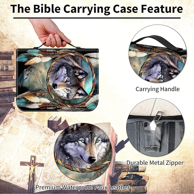 Bible Cover for Men Women,Large Leather Bible Case Fit Book Up to 11x8x2 Inch,Dream Catcher Wolves Bible Covers Bible Study Carrier Church Bags w/Handle & Zipper