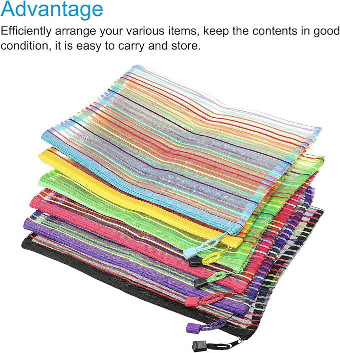 MECCANIXITY Mesh Zipper Pouches, A4 Pencil Case Document File Bags Storage Organizer for Office Supply Travel Accessory, Multicolor Pack of 6
