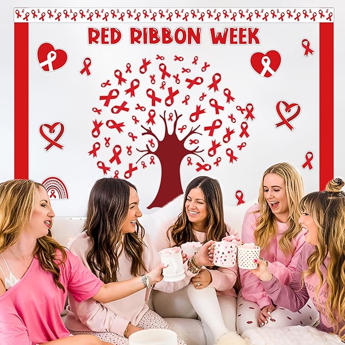 126Pcs Red Ribbon Drugs Awareness Bulletin Board Classroom Decoration Set, Red Ribbon Week Cutouts Say No to Drugs Poster School Classroom Charity Event Party Supplies Chalkboard Wall Decor