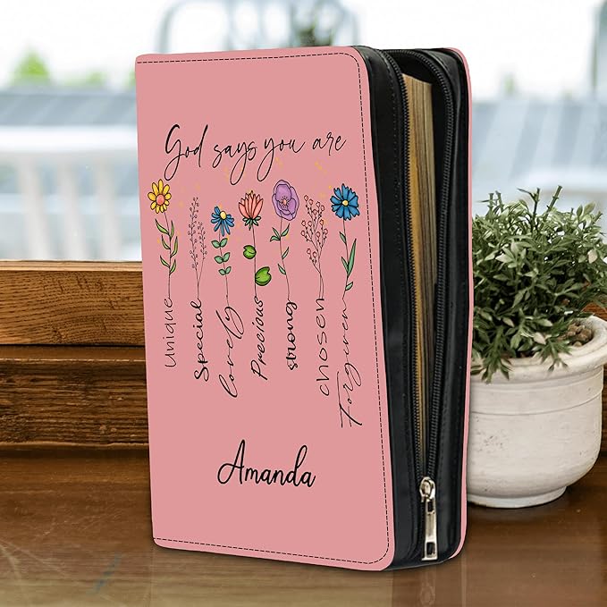Custom Leather Bible Cover with Name – Personalized Bible Case for Women, Zippered with Handle, Bookmark & Storage Pockets, Christian Gift for Mom, Daughter, Grandma (God Says You are, M-2XL)