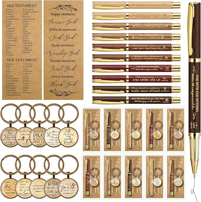 Gueevin 10 Sets Fathers Day Christian Gifts Bulk Bible Verse Pens Christian Religious Bookmarks and Bible Keychains Church Appreciation Gift for Graduation End of Year Teacher School (Multicolor)