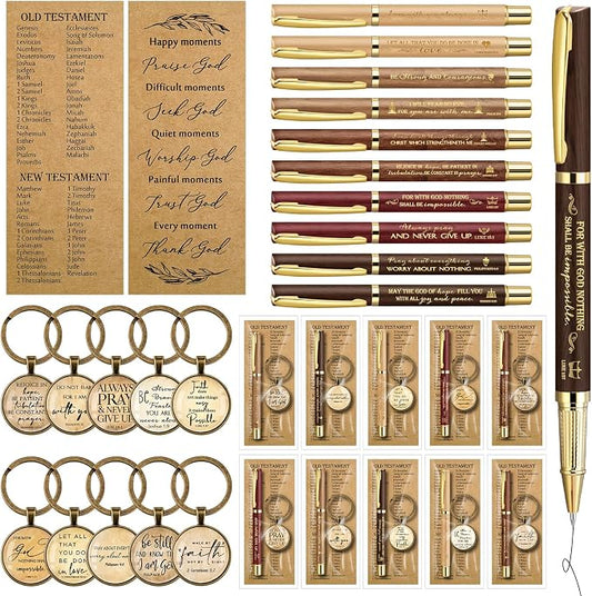 Gueevin 10 Sets Fathers Day Christian Gifts Bulk Bible Verse Pens Christian Religious Bookmarks and Bible Keychains Church Appreciation Gift for Graduation End of Year Teacher School (Multicolor)