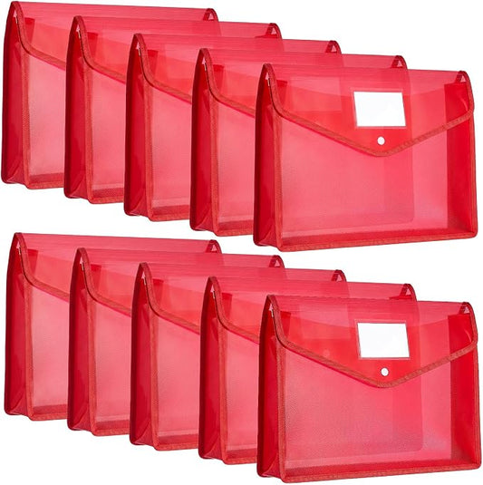 Epakh 10 Pieces Plastic File Folders Envelope Expanding File Wallet Organizer Documents Folder with Snap Closure and Pocket B4 Waterproof Transparent Pouch for School Office(Red,Horizontal)
