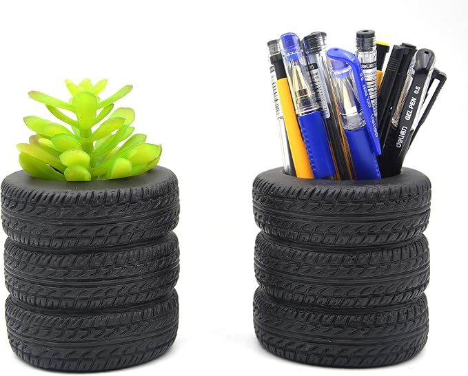 Tire Shaped Planter Pencil Holder Pen Holder for Desk Home Office Accessories Organizer Tire Succulent Cactus Planter Pot (Pack of 2)