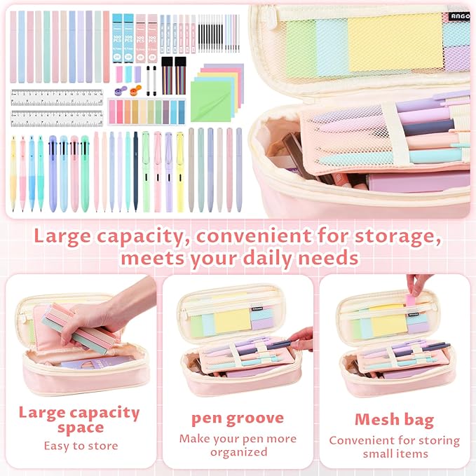 80Pcs Aesthetic School Supplies with Cute Pencil Case, 12 Pastel Highlighters, 4 Multicolor Ballpoint Pens, 6 Gel Pens with Refills, 10 Mechanical Pencils with Leads for Student Stationery Set(Pink)
