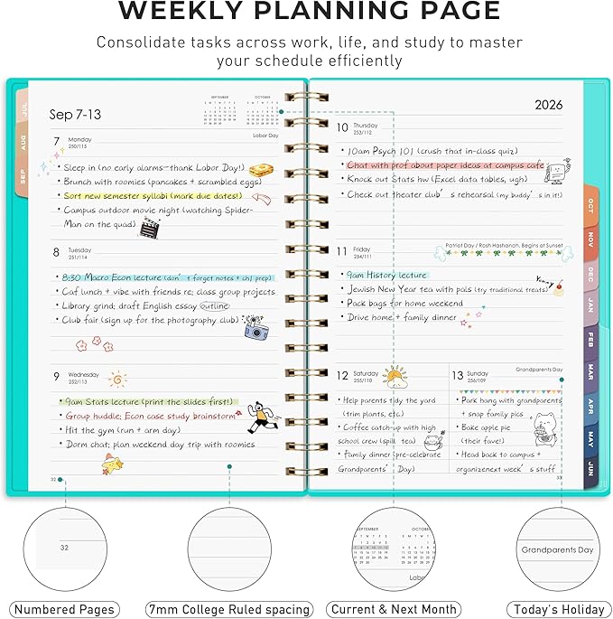 RETTACY Academic Planner 2026-2027, Weekly and Monthly, July 2026 - June 2027, Medium Size (5.7" x 8.3"), Calendar, Agenda, 12-Month Tabs, for Student, Teacher, School (Tiffani Blue)