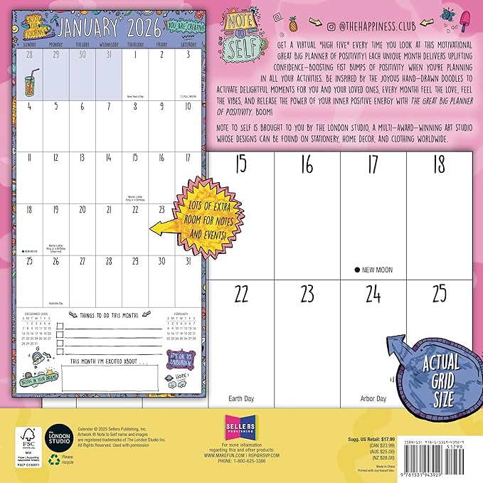 The Great Big Planner of Positivity 2026 Wall Calendar: 12-Month Inspirational Family Organizer with Large Grids, Uplifting Quotes & Fun Designs