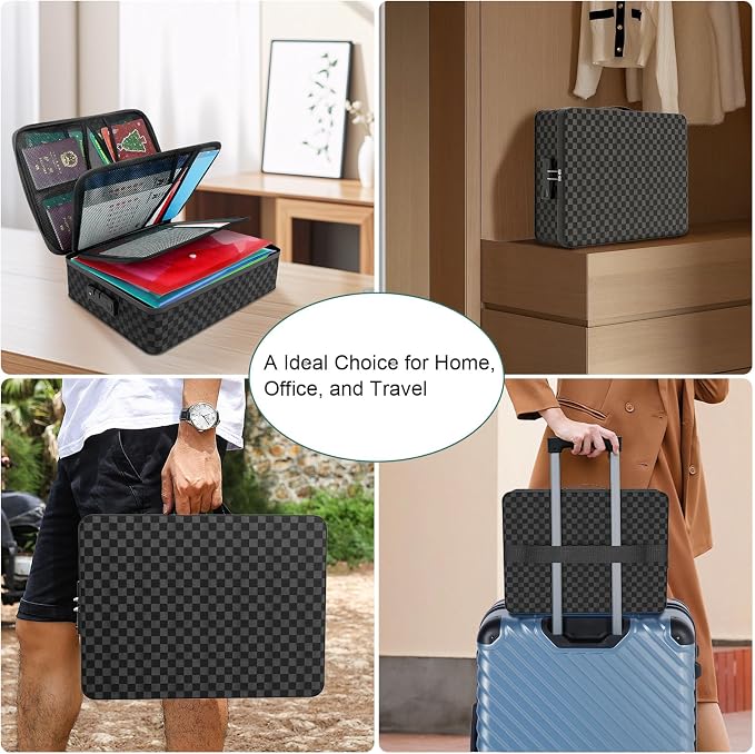 Demao Portable Document Box with Lock,File Storage Box with Waterproof Zipper,Thick Oxford Document Organizer with Multi Compartment, File Organizer for Office/Travel/School