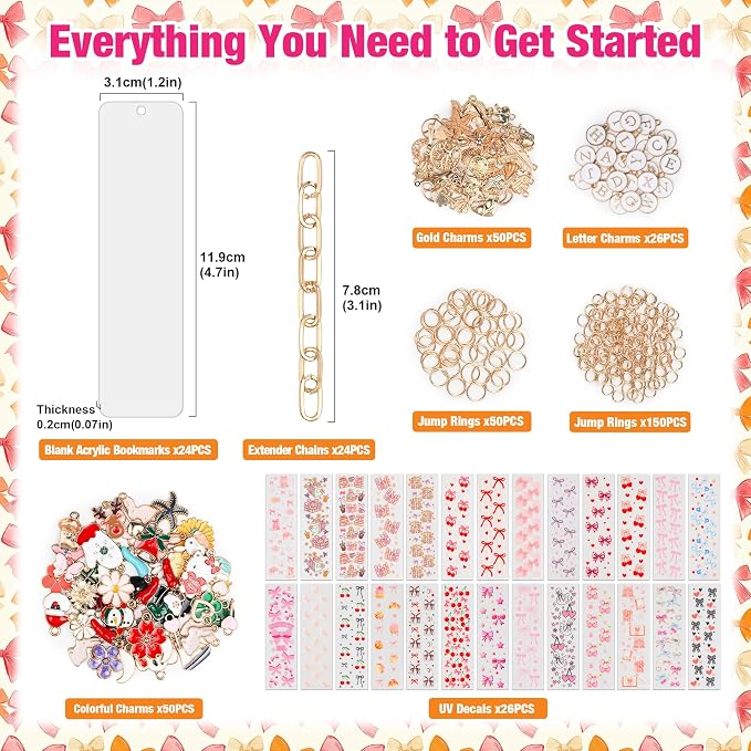 400 Pcs Bow Acrylic Bookmark Blanks(2mm) Thicken 24 DIY Bookmark Making 26 Bow UV DTF Sticker 126 Charms 24 Extender Chains and 200 Jump Ring Suitable for DIY Crafts Gifts