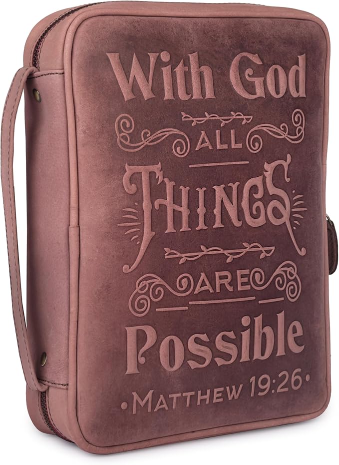 LEATHER VILLAGE Handmade Vintage Genuine Leather Embossed Bible Cover for Men & Women, Large Protective Bible Case & Organizer for Church, Travel & Study Christian Religious Antique Bookmark - Fuchsia