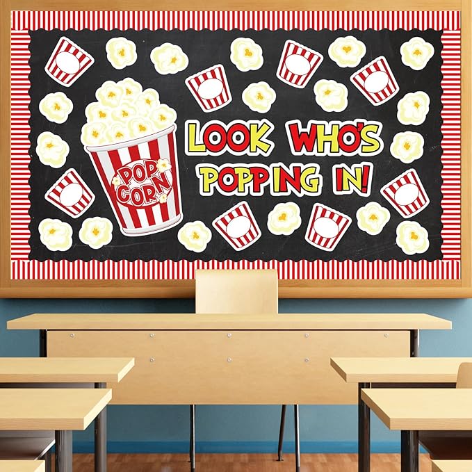 JarThenaAMCS 77 Pcs Popcorn Bulletin Board Decoration Funny Popcorn Bucket Paper Cutouts with 150 Pcs Glue Points for Back to School Movie Night Party Classroom