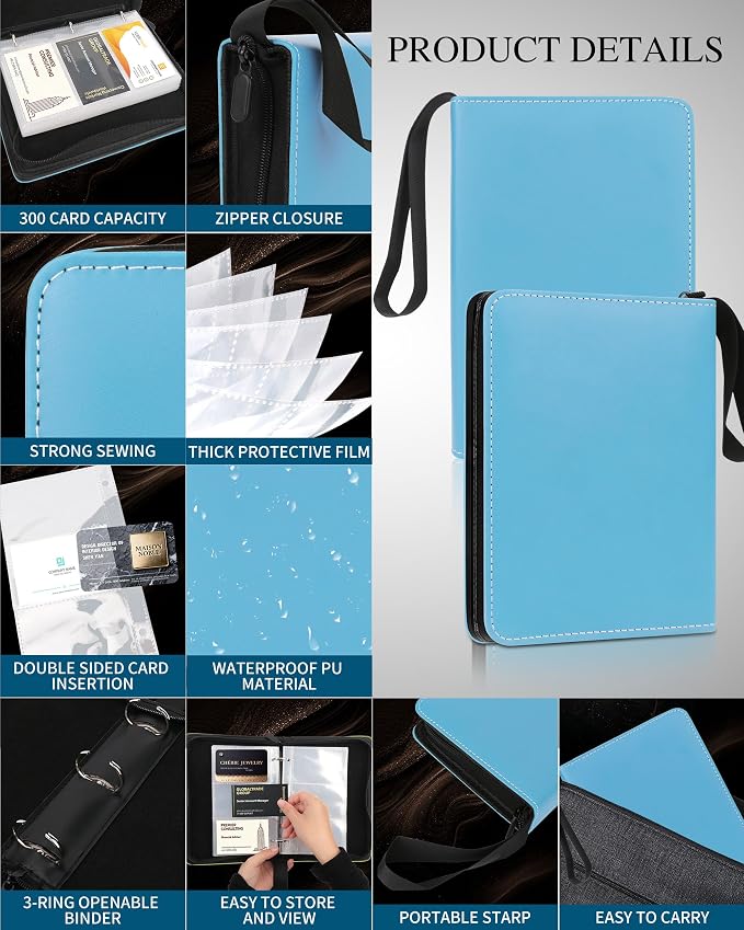 Leather Business Card Book Holder Organizer, Professional Name Card Book Holder with 300 Card Capacity, Portable PU Credit Card Binder File Sleeve Storage for Men Women,25 Pack Sleeves Zipper Closure