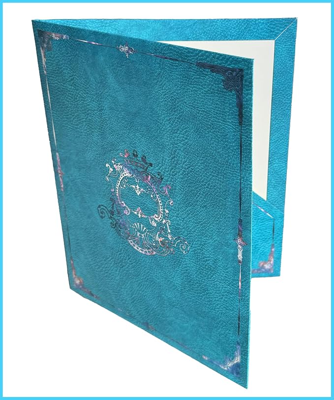 3 Pack Decorative File Folders, Violet Silver Ornate Design On Blue Leather, Letter Size 9.2x11.7 Inch Colored Filing Folders, Full Color Outside & On Inside Pockets with Beige Lining, Elegant Design